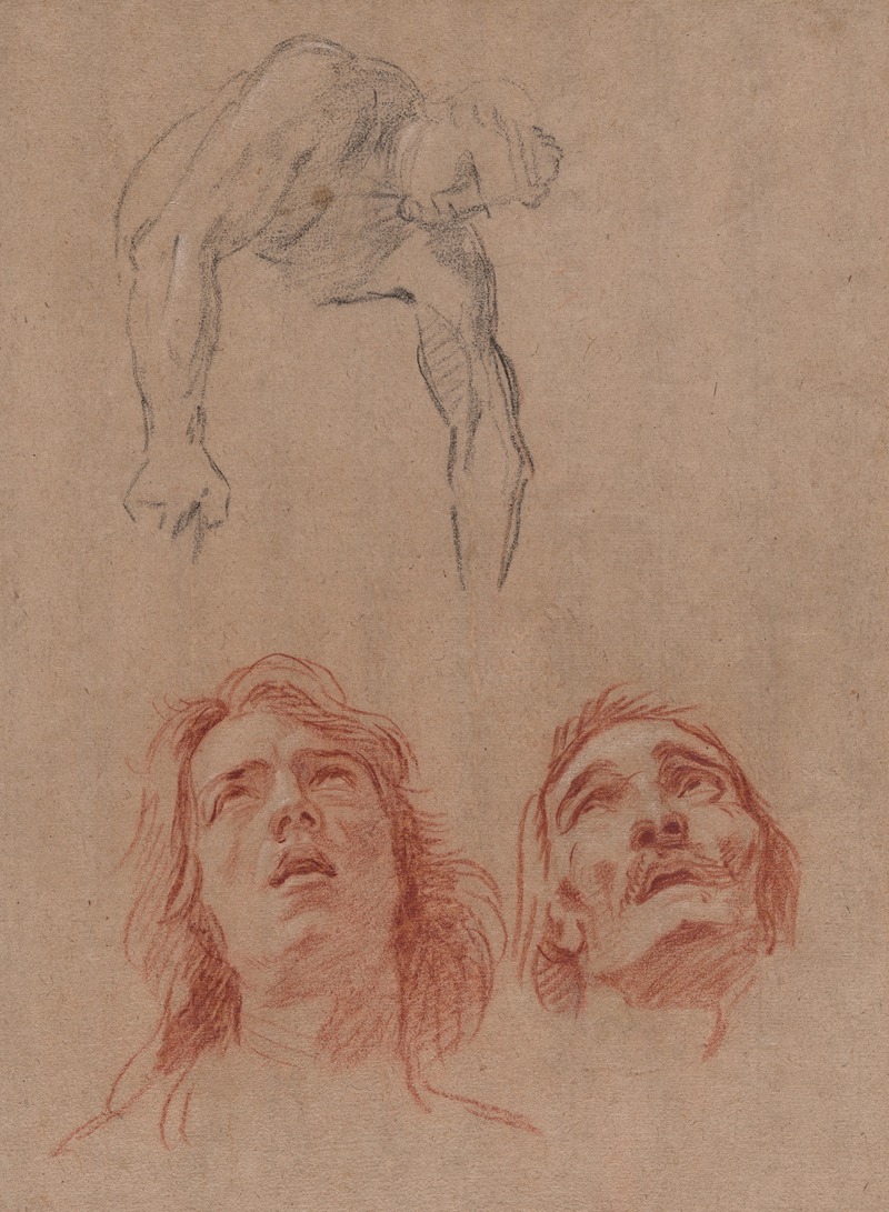 Jean Jouvenet - Man Reaching Down and Two Studies of Heads (recto)