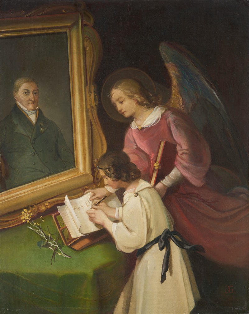 Dionys Ganter - Girl with a Guardian angel, Writing in front of a Painting (Portrait of the Founder Ph. Merian)