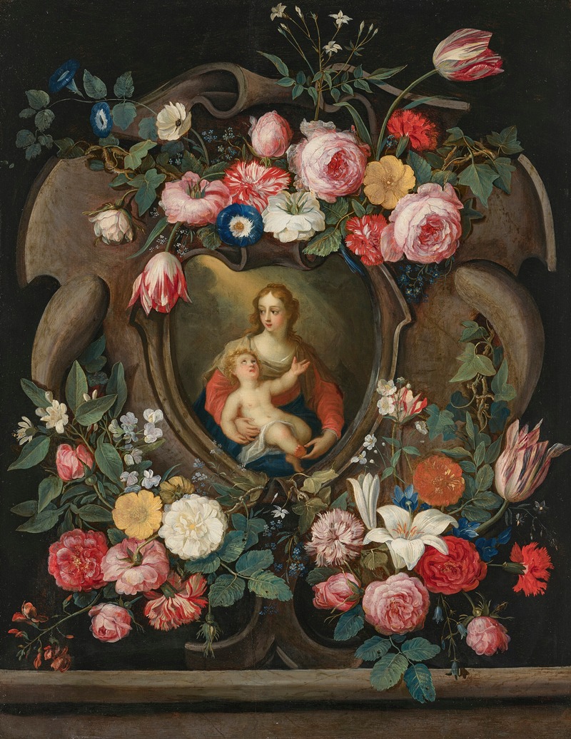 Jan Van Kessel The Elder - The Virgin and Child in a sculpted cartouche, surrounded by garlands of flowers