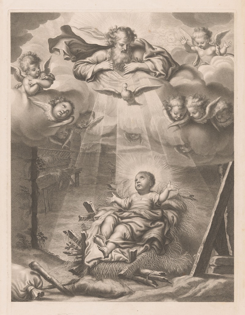 Francois de Poilly - Christ in the manger with God the Father and the Holy Spirit above him