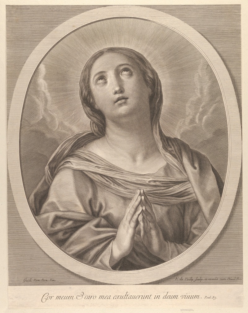 Francois de Poilly - The Virgin in prayer, looking up with clouds behind her, in an oval frame, after Reni