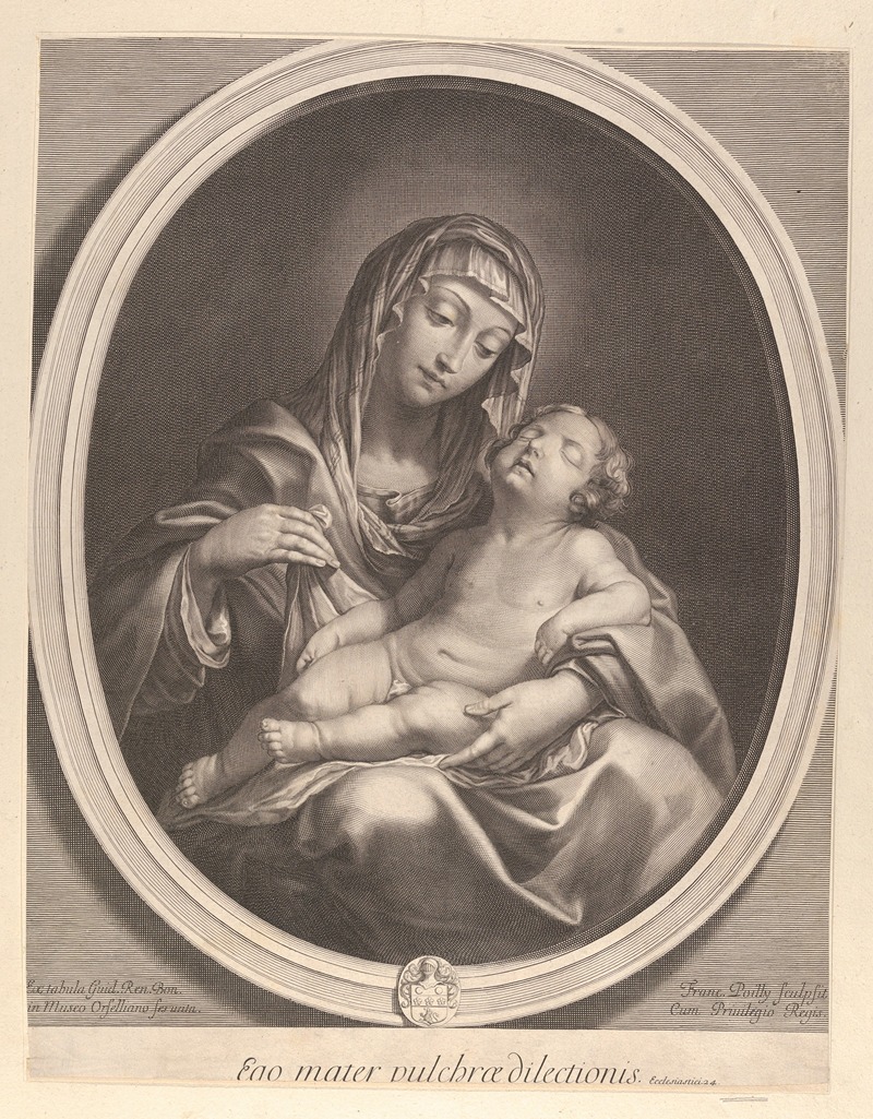 Francois de Poilly - The Virgin seated with the infant Christ sleeping in her lap, in an oval frame, after Reni