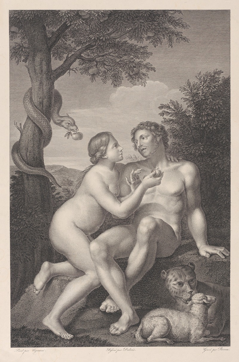 Jean Antoine Pierron - Adam and Eve, seated on a rock, with a serpent coiled around a tree at left and a lion and a lamb at right