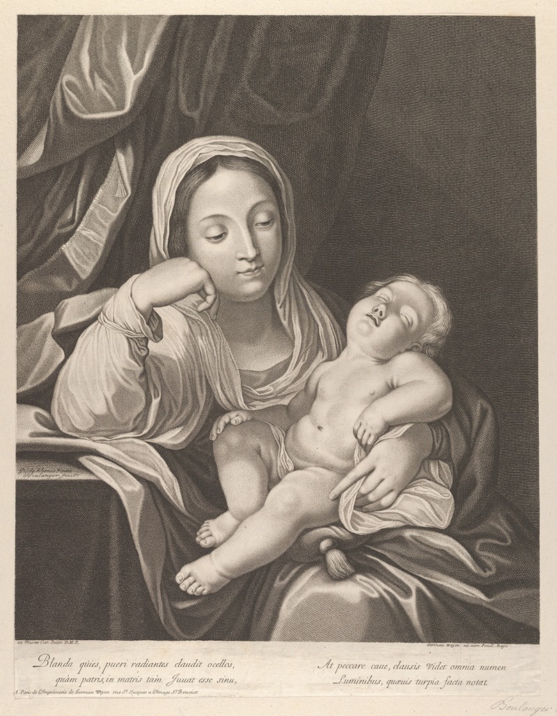 Jean Boulanger - The Virgin seated with her head resting on her right hand, holding the sleeping infant Christ on her lap, after Reni