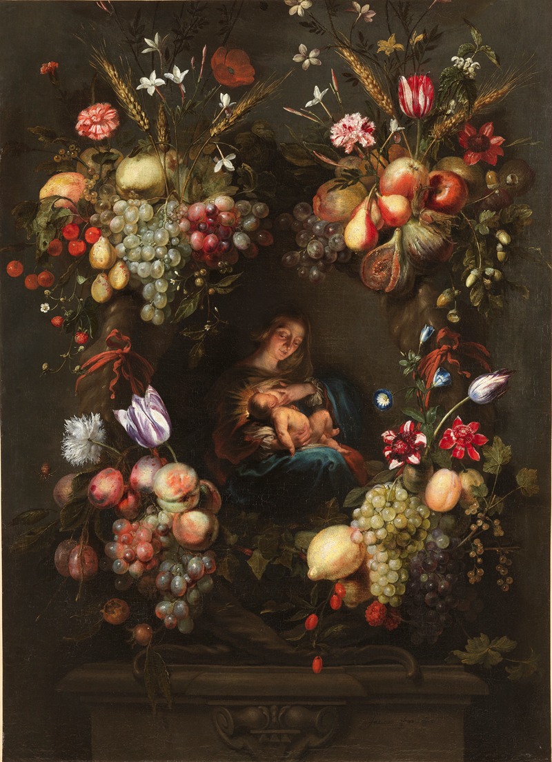 Frans Ykens - The Virgin Mary and the Child Jesus in a wreath of flowers and fruits