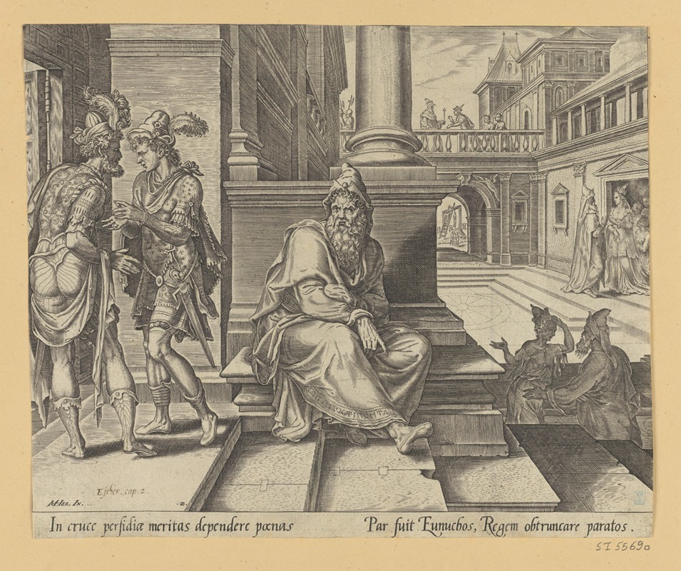 Maarten Van Heemskerck - Mordecai Overhearing the Treason of Bigthan and Teresh