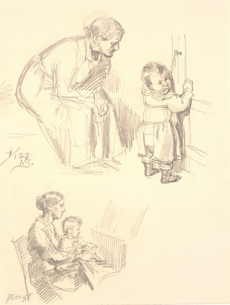 Joakim Skovgaard - To figurstudier. Øverst en siddende kvinde som iagttager et barn ved en dør; nederst en kvinde med et banr ved klaveret