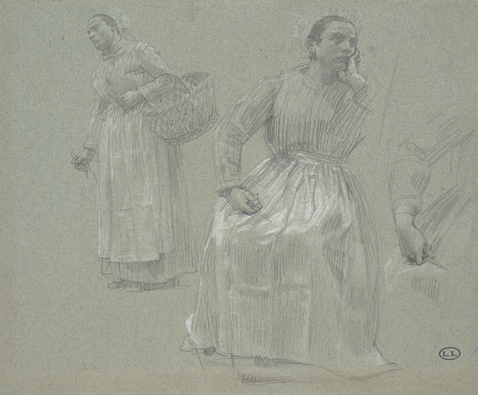Léon Augustin Lhermitte - Study of Two Women,One Seated and One Holding a Basket