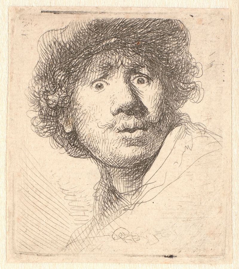 Rembrandt van Rijn - Rembrandt in a cap, open mouthed and staring; bust in outline