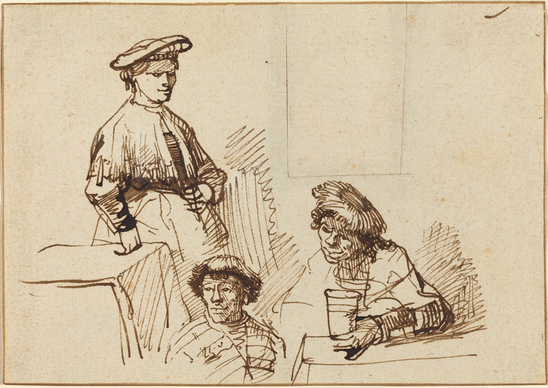 Rembrandt van Rijn - Sketches from a Tavern – Woman Standing and Two Men Seated