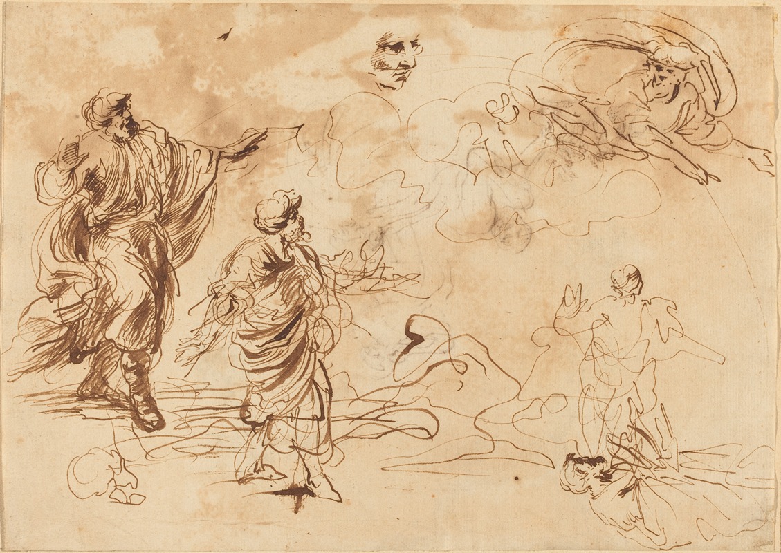 Roman 17th Century - Studies for a Biblical Scene with God the Father Appearing to a Bearded Male Figure