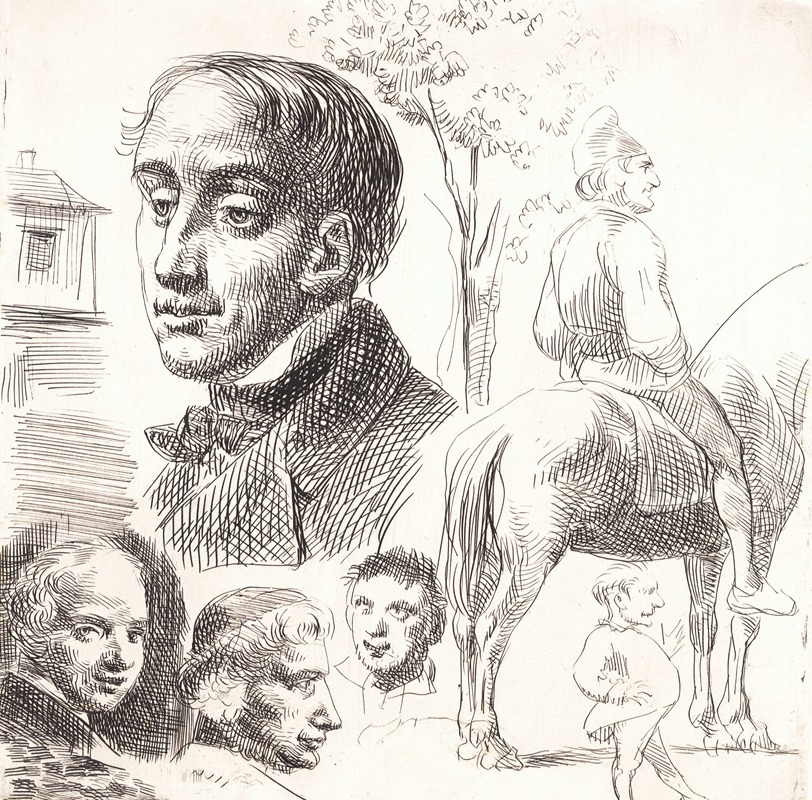 Wilhelm Marstrand - Prøveblad i stylografi med portræthoveder, bonde til hest m.m.
