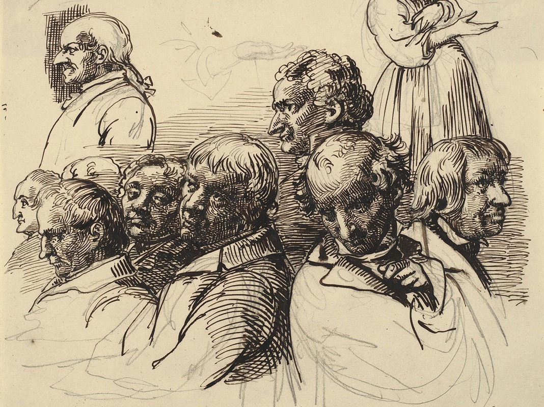 Wilhelm Marstrand - Studieblad med otte mandshoveder og en kvinde uden hoved