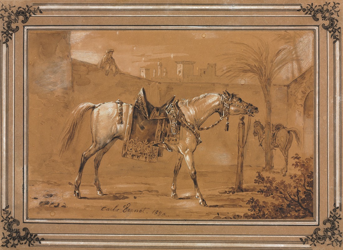 Carle Vernet - Saddled Arabian Horse in Courtyard