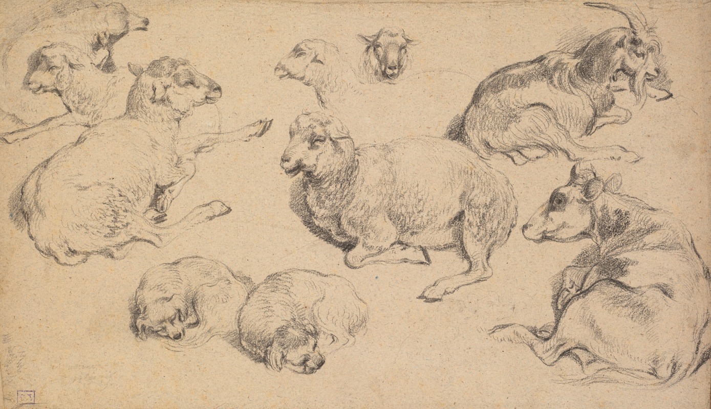 Jean-Baptiste Huet - Sheet of Studies with Sheep, Goats, and Dogs