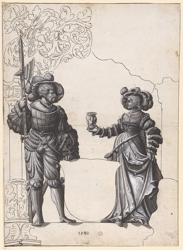 Hans Rudolf Manuel - Scheibenriss mit Frau, die einem Hellebardier den Willkommtrunk reicht, und leerem Wappenschild