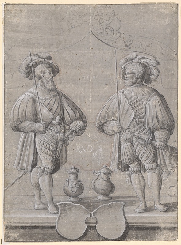 Hans Rudolf Manuel - Scheibenriss mit zwei Reisläufern, darunter zwei leere Wappenschilde