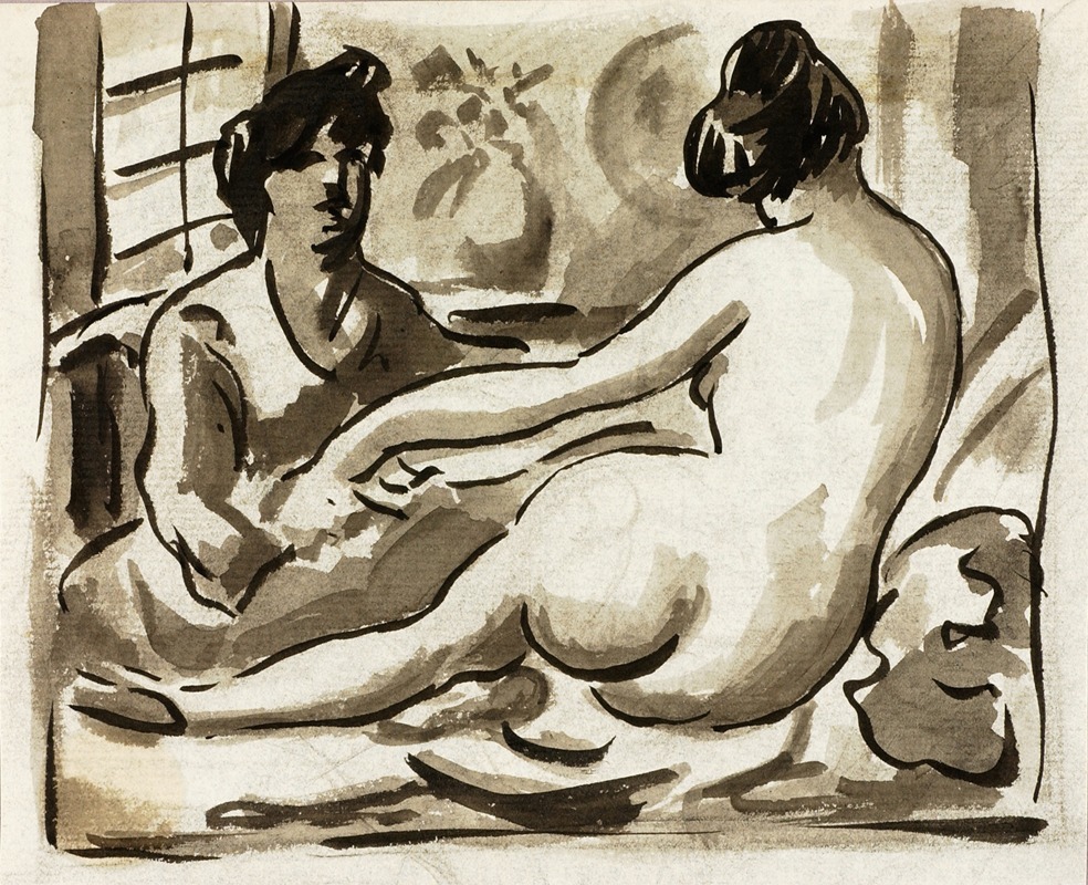 Carl Newman - Reclining Female Nude with Attendant
