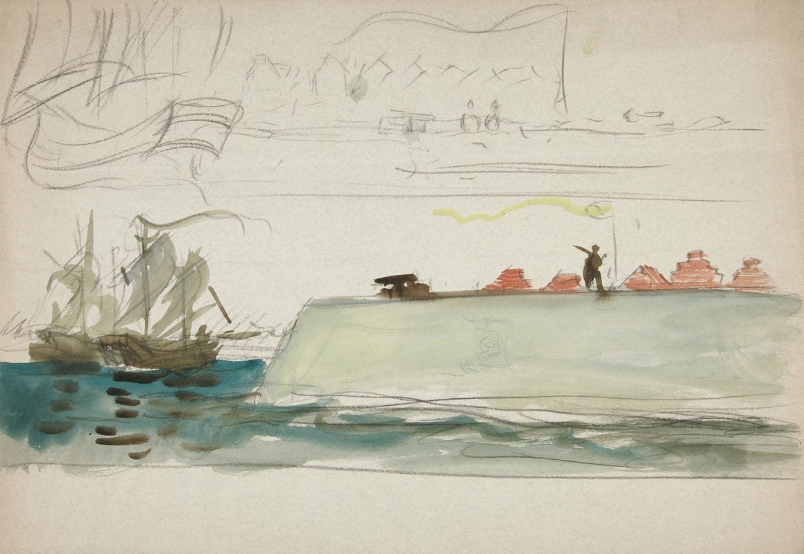 Edwin Austin Abbey - Boats at sea; battleship foreground, sailboat in distance