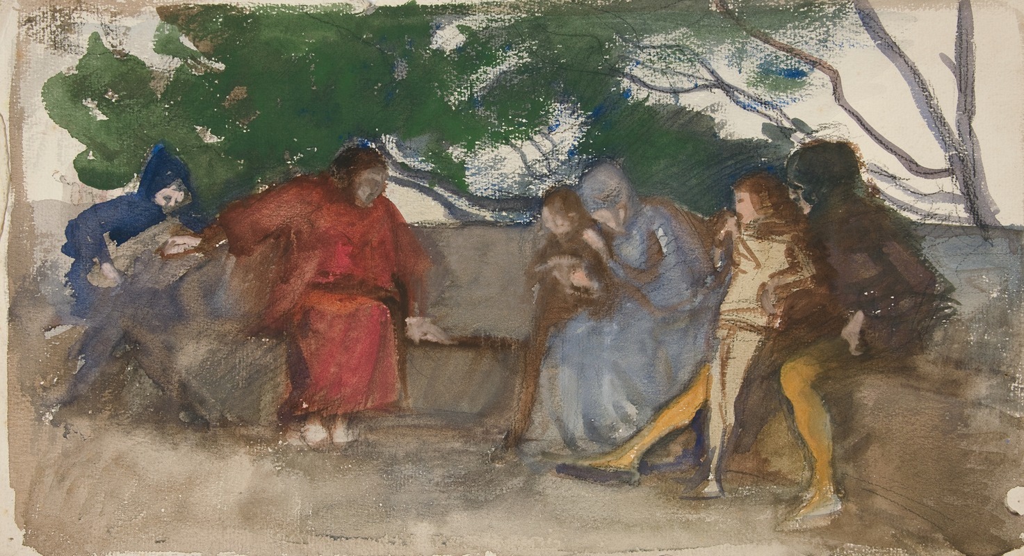 Edwin Austin Abbey - Figures seated along an outdoor bench