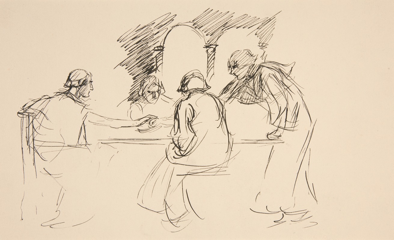Edwin Austin Abbey - Sketch of four men in medieval dress at a table – unidentified illustration, possibly for ‘Love’s Labours Lost’, The King’s Quandary.