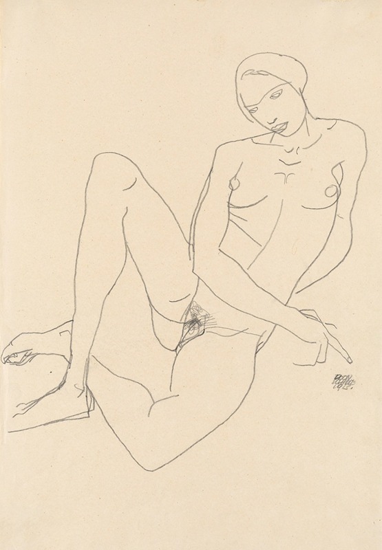 Egon Schiele - Sitzender Weiblicher Akt, mit gegrätschten Beinen