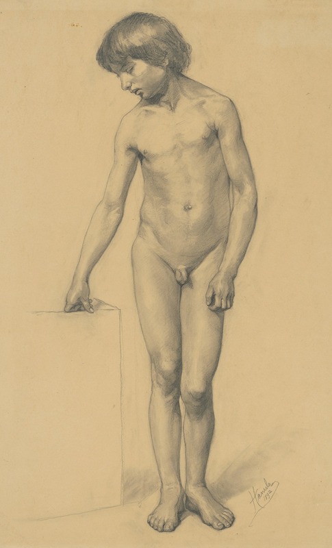 Jozef Hanula - A study of a boy’s nude resting on a pedestal