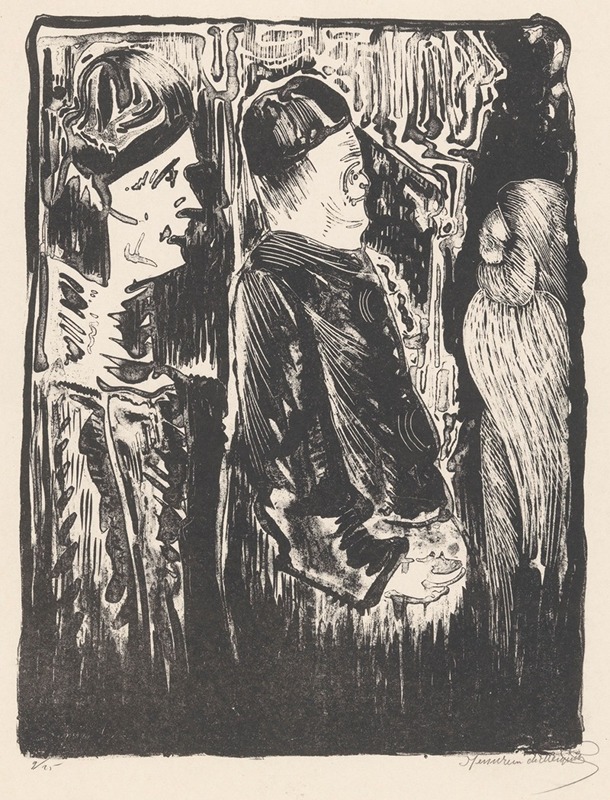 Samuel Jessurun de Mesquita - Fantasie; links twee figuren met mutsjes naar rechts, rechts een ingekraste verschijning met verenkleed
