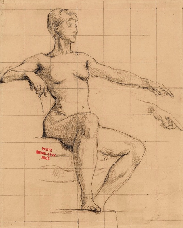 Henri Leopold Lévy - Etude de jeune femme nue assise pointant l’index gauche vers l’avant