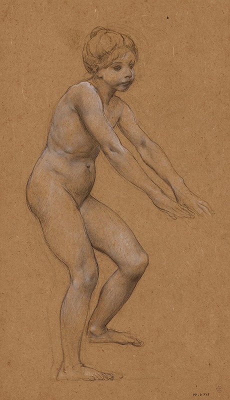 Luc-Olivier Merson - Fillette nue debout de trois-quarts à droite, les mains en avant