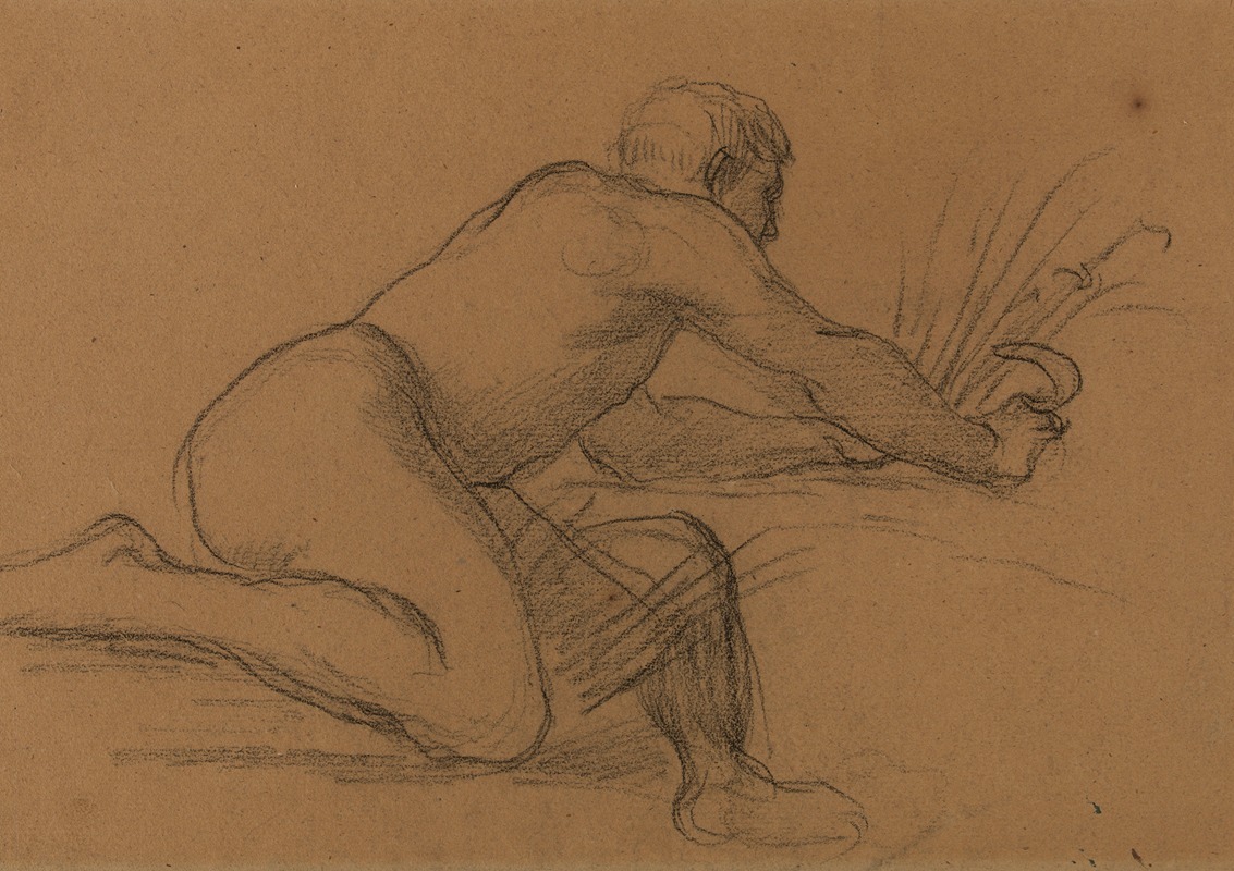 Pierre Puvis de Chavannes - Homme nu accroupi coupant des herbes avec une faucille