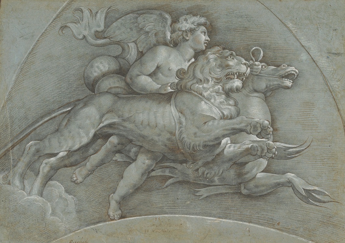 Denys Calvaert - A Winged Putto Riding a Sea Horse and a Lion