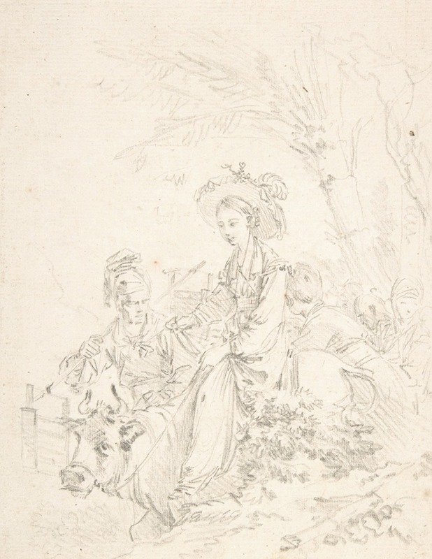 François Boucher - Peasant Girl Riding an Ox with Companions
