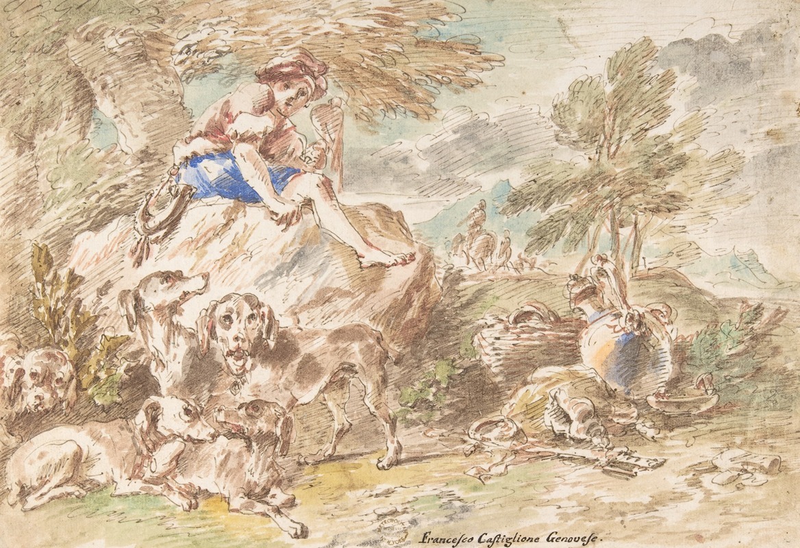 Giovanni Francesco Castiglione - Young Hunter with His Dogs in a Landscape