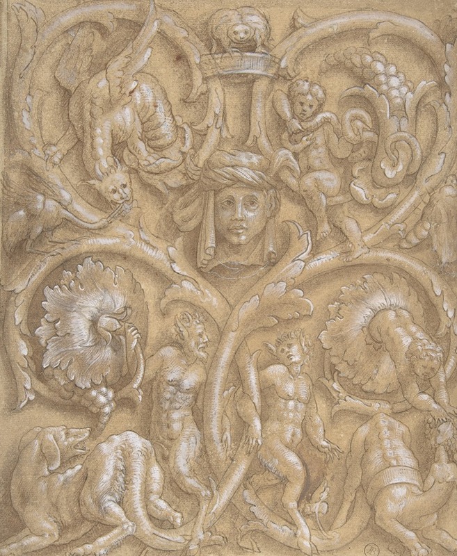 Giulio Campi - Design for an Ornamental Panel with Rinceaux, Satyrs, Putti, Monsters and a Human Head