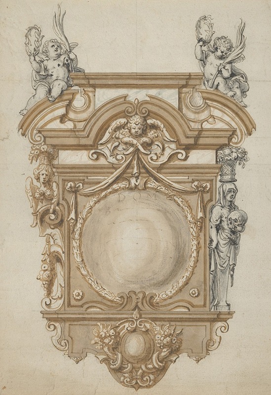 Abraham van Diepenbeeck - Design for an Epitaph with a Variant, flanked by Terms and surmounted by statues of Cherubs