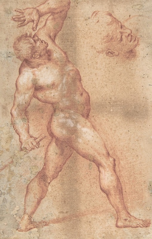 Aniello Falcone - Male Nude with Left Arm Upraised, and a Further Study of His Head