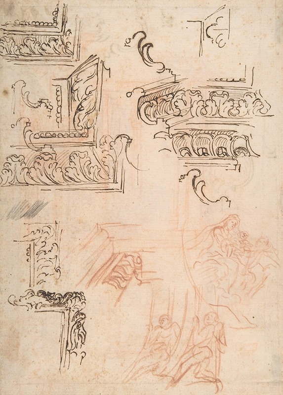 Baldassarre Franceschini - Studies of Architectural Moldings, of the Virgin and Child with a Kneeling Saint, and of Two Angels Supporting Frames