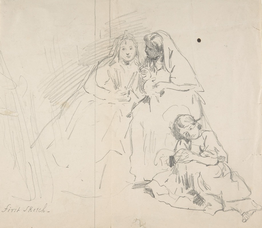 Charles Baugniet - Sketch of Two Seated Women with Young Girl Sitting at Their Feet