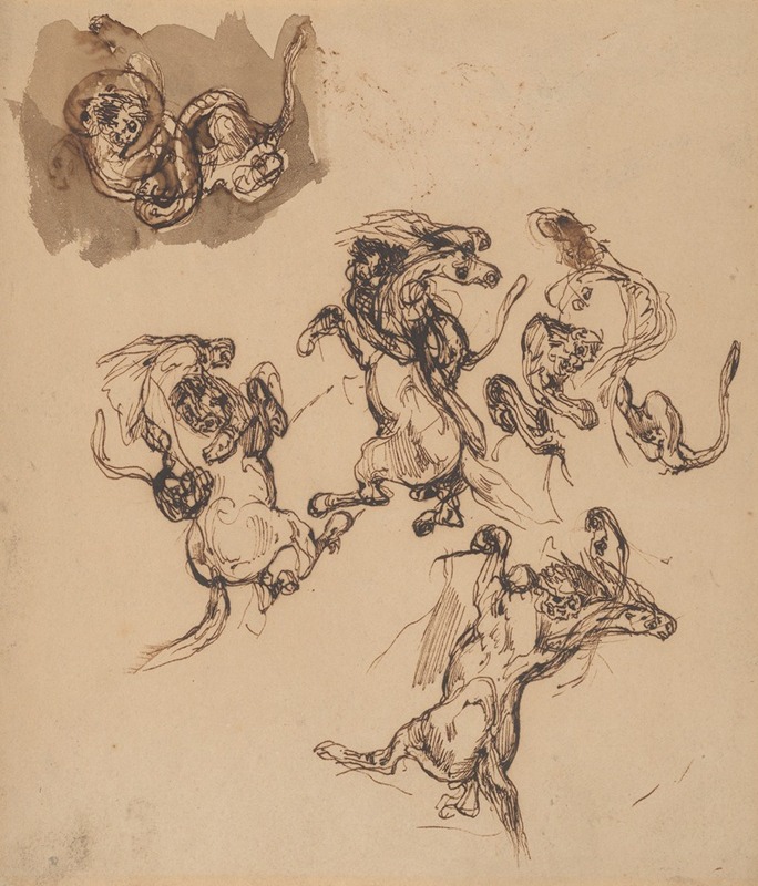 Eugène Delacroix - Studies of a Rearing Horse Attacked by a Lion and a Lion Wrestling with a Serpent