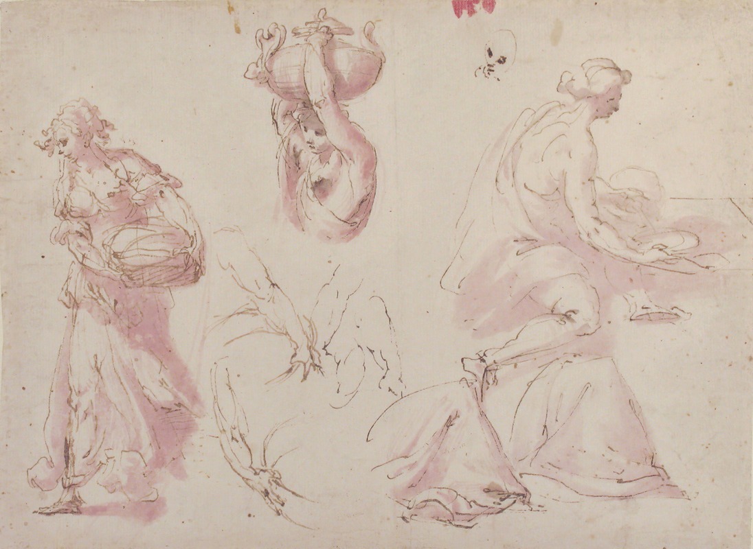 Francesco Curia - Figure Studies; Woman Carrying a Basket; Woman Carrying a Vase, and Woman Seated at a Table