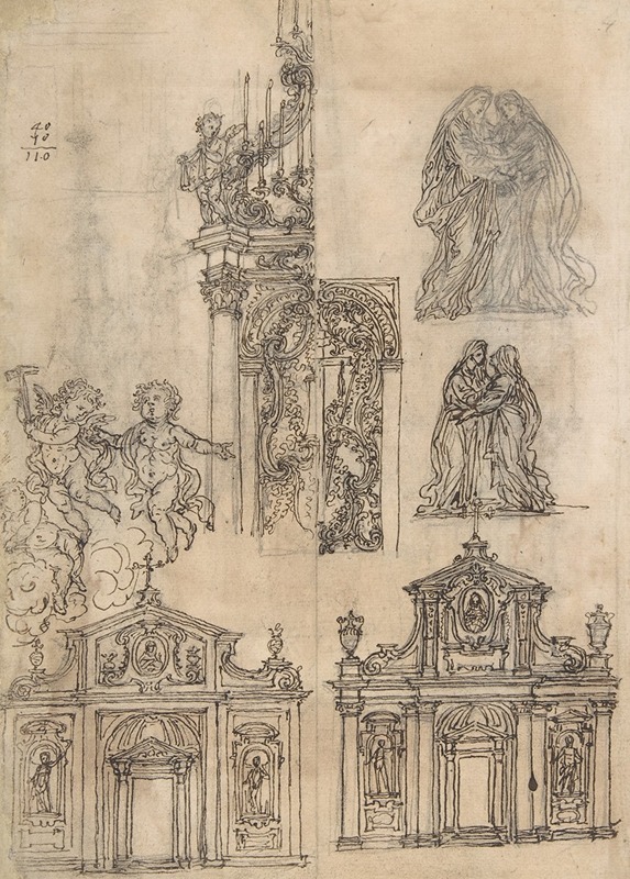 Giovanni Battista Foggini - A Sheet of Studies with Architectural Motifs and Two Sketches for a Visitation