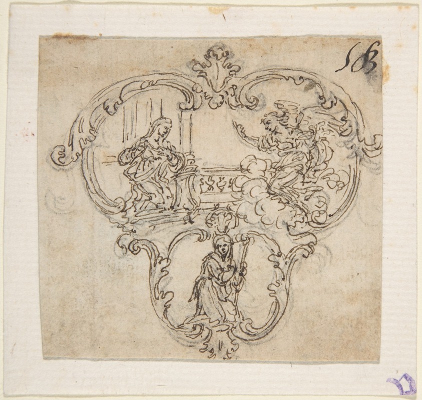 Giovanni Battista Foggini - Design for a Cartouche with an Annunication above and a Kneeling Figure with Staff Below