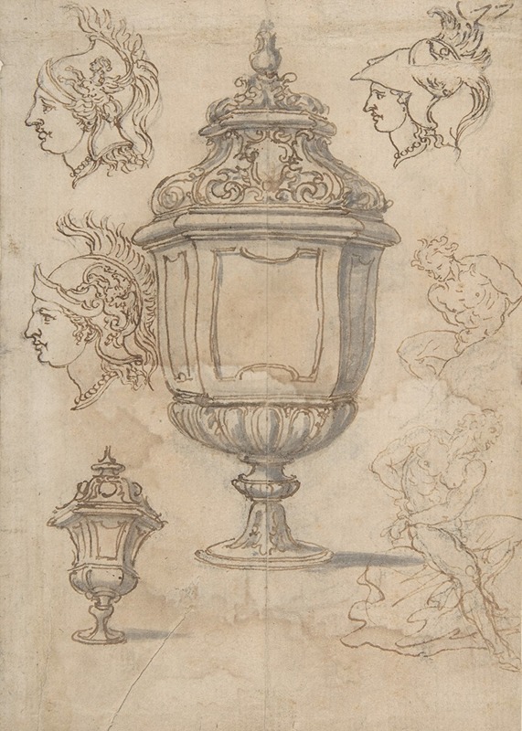 Giovanni Battista Foggini - Sheet with sketches and designs for two vases, three classical heads en profil and two slave figures