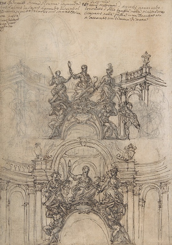 Giovanni Battista Foggini - Studies for a Sculpture with Figures of Prudence, Industry and Economy Supported by Slaves and an Oval Plaque with Cartouche; Separate Study for a Cupola
