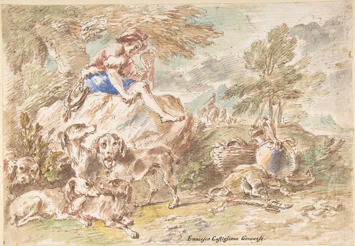 Giovanni Francesco Castiglione - Young Hunter with His Dogs in a Landscape