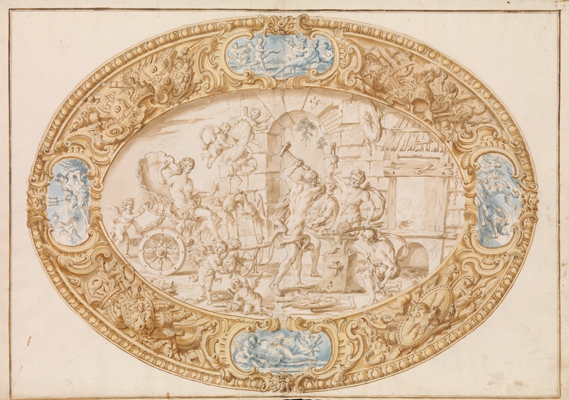 Giovanni Giardini - Design (Full-Scale Working Drawing) for a Large Oval Silver Dish with Silver Gilt Border Showing Vulcan’s Forge