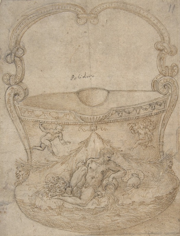 Girolamo Genga - Design for a Bucket-Like Vessel with a Handle of Non-Figural Interlaces, on a Body Adorned with a River God and Two Putti