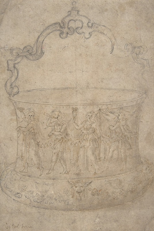 Girolamo Genga - Design for a Bucket-Like Vessel with a Handle of Strapwork, on a Body Adorned with Dancing and Music-Making Antique-Style Figures
