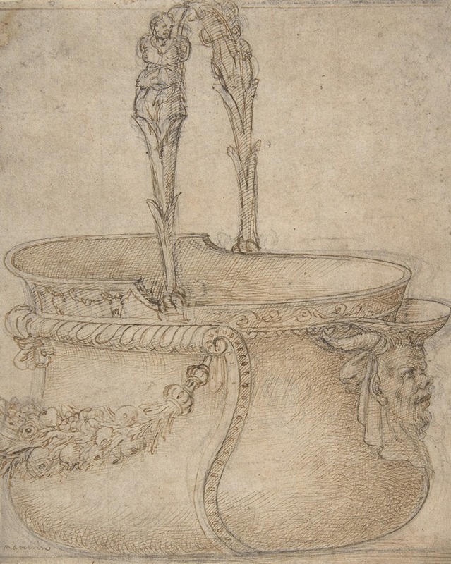 Girolamo Genga - Design for a Bucket-Like Vessel with a Handle of Two Interlaced Captives, on a Body Adorned with a Scroll, Garland, and a Spout with a Satyr’s Head